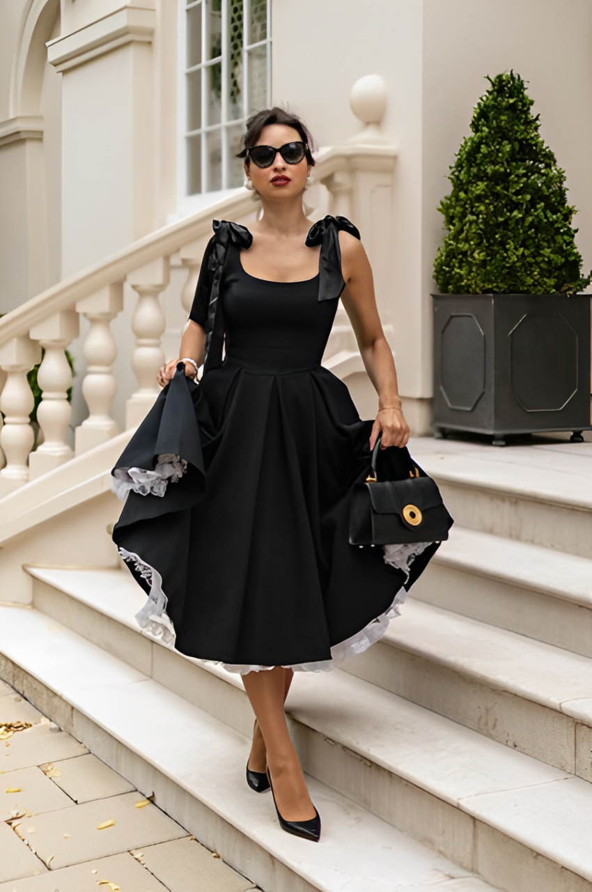 Ribboned Frill Black Dress